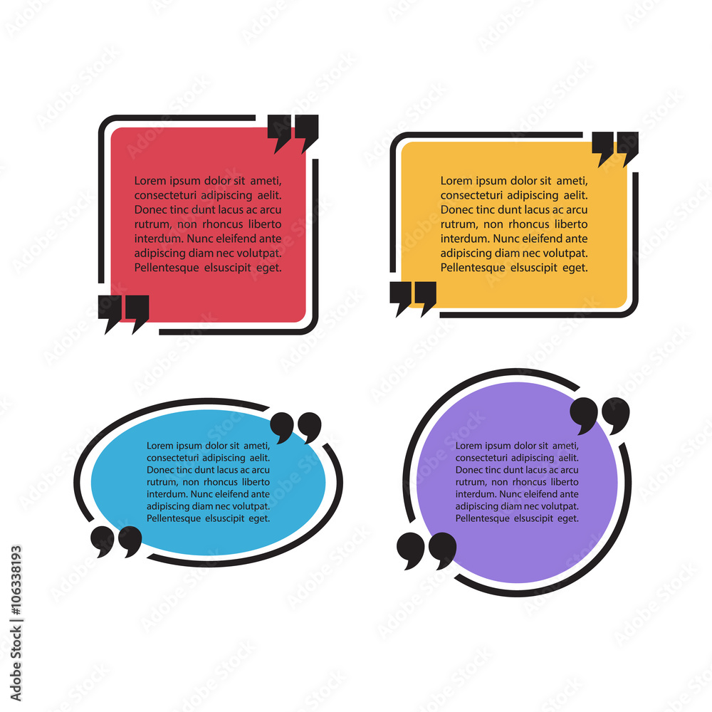 Poster Set of color quote text bubbles. Quotation mark speech bubbles. Set of quote sign icons. Quote blank template. Quote bubble. Empty template. Quote form. Vector illustration.