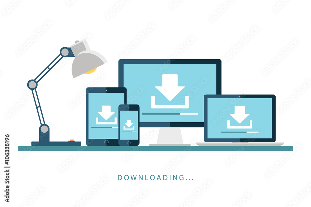 Poster Desktop computer, laptop, tablet and smartphone with downloading screen. Downloading process. Install new software, operating system. Vector illustration.