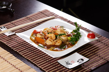 Chinese food shrimp and green vegetable