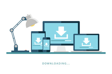 Desktop computer, laptop, tablet and smartphone with downloading screen. Downloading process. Install new software, operating system. Vector illustration.