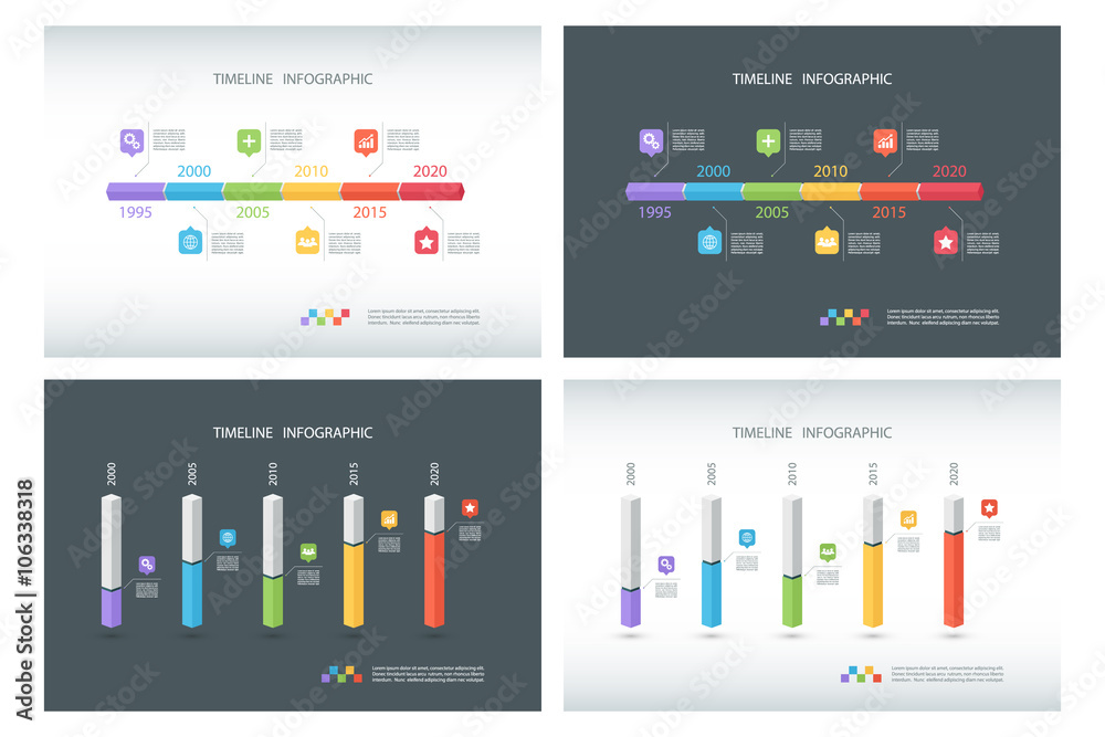 Poster Set of timeline infographic design templates. Isometric template. 3D column chart. Box design infographic. Vector illustration for workflow layout, diagram, number options, web design.