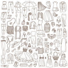 Vector seamless pattern of different women's clothes and accessories, from underwear to outerwear. Fashion doodle collection. - 106338776
