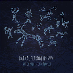 Baikal petroglyphs illustration in doodle style. Vector monochro