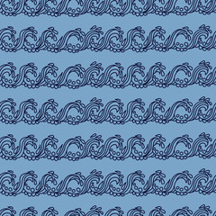 Stylish seamless texture with doodled Baikal stream wave  in blu