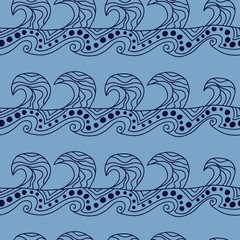 Stylish seamless texture with doodled Baikal surge wave in blue