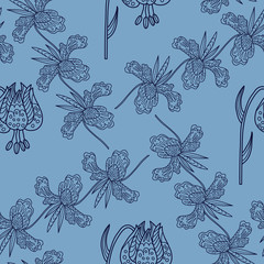 Stylish seamless texture with doodled Baikal lily and orchid in