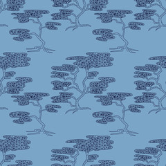 Stylish seamless texture with doodled Baikal cedar in blue color