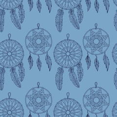Stylish seamless texture with doodled Baikal dream catcher in bl