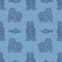 Stylish seamless texture with doodled Baikal bear and omul in bl