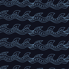 Stylish seamless texture with doodled Baikal grace wave in blue