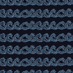 Stylish seamless texture with doodled Baikal stream wave  in blu