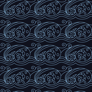 Stylish seamless texture with doodled Baikal storm wave  in blue