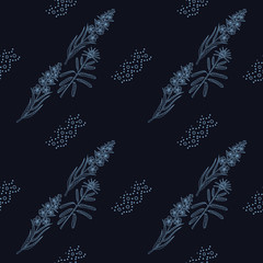 Stylish seamless texture with doodled rosemary in blue colors in vector.