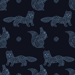 Stylish seamless texture with doodled Baikal squirrel and mustelidae in blue colors in vector.