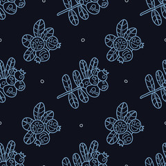 Stylish seamless texture with doodled Baikal berries cranberries in blue colors in vector.