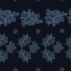 Stylish seamless texture with doodled Baikal berries cranberries and blueberries in blue colors in vector.