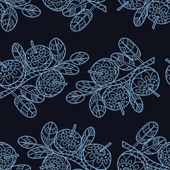 Stylish seamless texture with doodled Baikal berries blueberries in blue colors in vector.