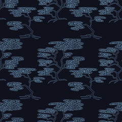 Stylish seamless texture with doodled Baikal cedar in blue colors in vector.