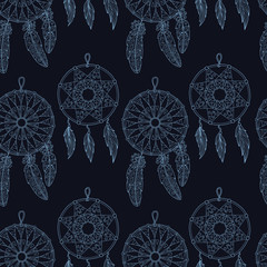 Stylish seamless texture with doodled Baikal dream catcher in blue colors in vector.