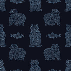 Stylish seamless texture with doodled Baikal bear and omul in blue colors in vector.