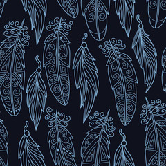 Stylish seamless texture with doodled Baikal feather in blue colors in vector.