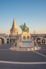 Saint Stefan Statue at Fisherman's Bastion, in Budapest, Hungary with Clear Blue Sky in Background...