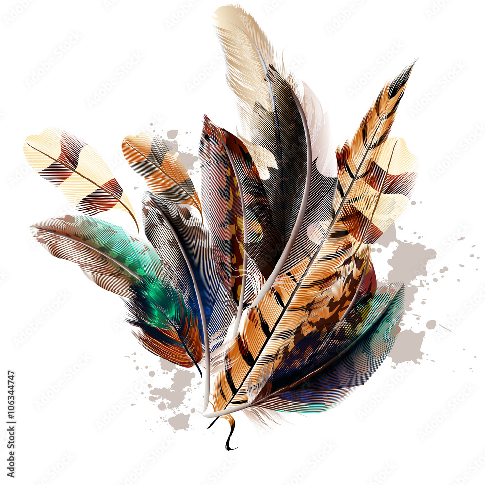 Aufkleber background with feathers in realistic style