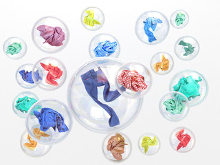 clothing in soap bubbles on white background concept of washing