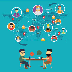 Social media network concept with people with their hone and globe on background vector illustration