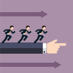Group of businessman running in the same direction with big businessmans hand pointing to, business concept in leadership leading guideline to followers.