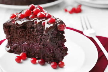 Piece of chocolate cake with cranberries on plate, closeup