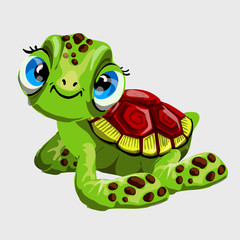 Cute green turtle with large blue eyes