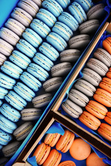 Varicolored tasty macaroons in boxes, close up