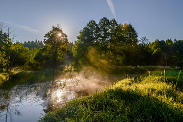 The rising sun over the forest and the river