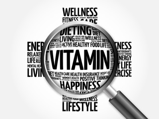 VITAMIN word cloud with magnifying glass, health concept