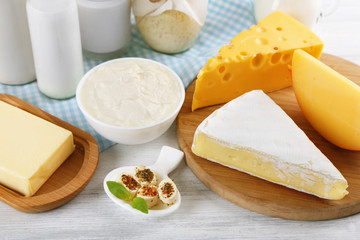 Fresh dairy on table, closeup