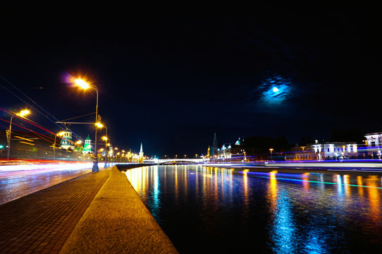 Time-lapseMoscow Kremlin and Moskva River under full Moon. Time-lapse. October 08, 2014