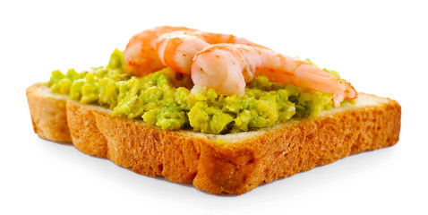 Avocado sandwich with prawns isolated on white