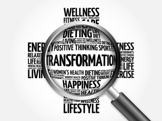 TRANSFORMATION word cloud with magnifying glass, health