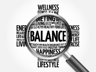 BALANCE word cloud with magnifying glass, health concept