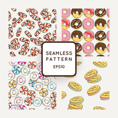 Set of Vector Candy, Bows and Muffins Seamless Patterns. Sweet Party Texture.