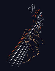 Fototapeta premium Playing Bass illustration. Pressing string with left hand finger.