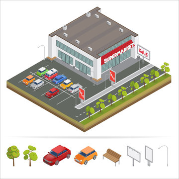 Isometric Supermarket. Car Parking. City Supermarket. Isometric Building