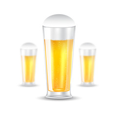 Three realistic mock up glass of beer on white background. Vector illustration one glass sharp and two glasses depth of field