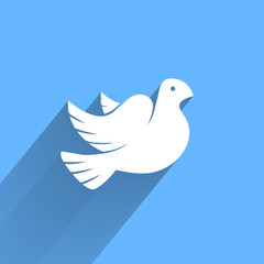 Stylized pigeon of peace white icon with long shadow in the sky