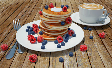render of pancakes with raspberries and blueberries and coffee
