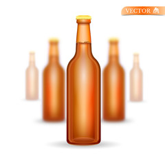 Five realistic mock up brown glass bottle of beer on white background. Vector illustration one bottle sharp and four bottles depth of field