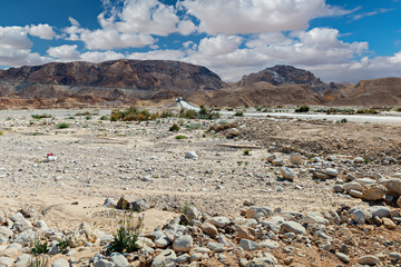 View on passing Paran and dry riverbed in desert of the Negev, Israel