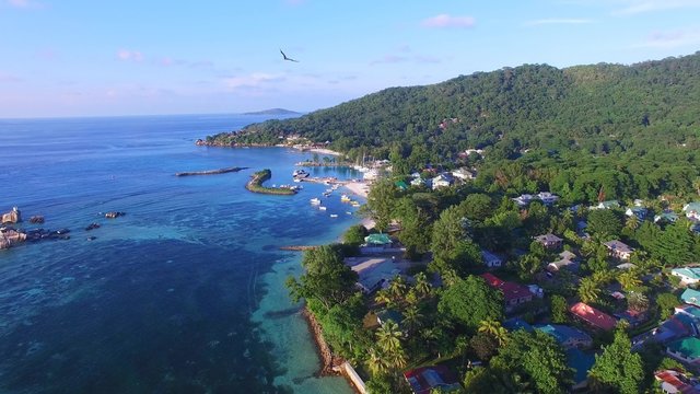 Aerial view of Anse la Reunion tropical coast on La Digue Island, Seychelles Islands.