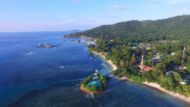 Aerial view of Anse la Reunion tropical coast on La Digue Island, Seychelles Islands.